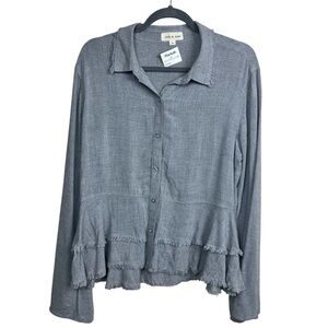 Cloth&Stone Peplum Button Down Shirt Women's Frayed Hem Gray